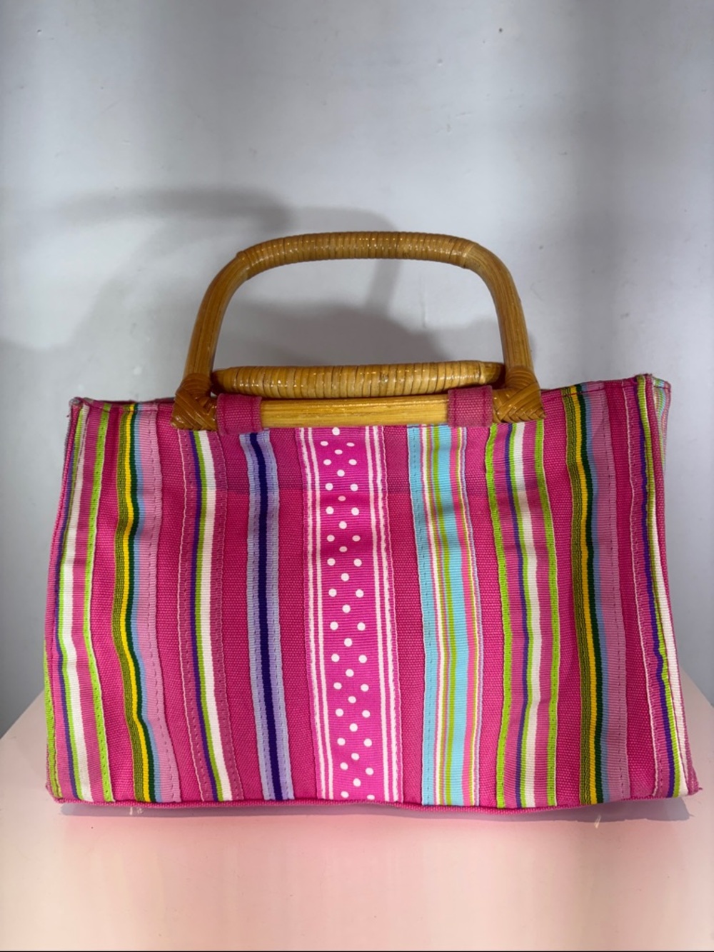 Colorful Striped Woven ribbon Tote Bag Bamboo Handles Pink Boho Summer Purse